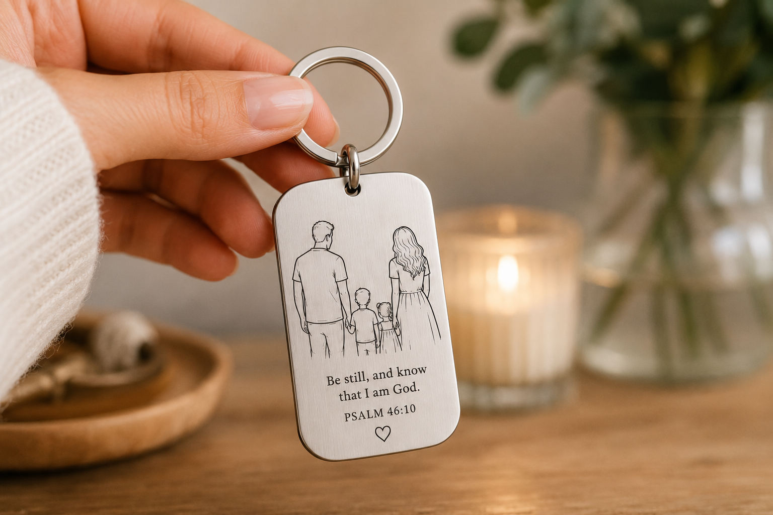 A hand holds a silver metal keychain with a rectangular engraved tag showing a family silhouette and the text 'Be still, and know that I am God. PSALM 46:10' against a warm, softly blurred background with a candle and greenery.